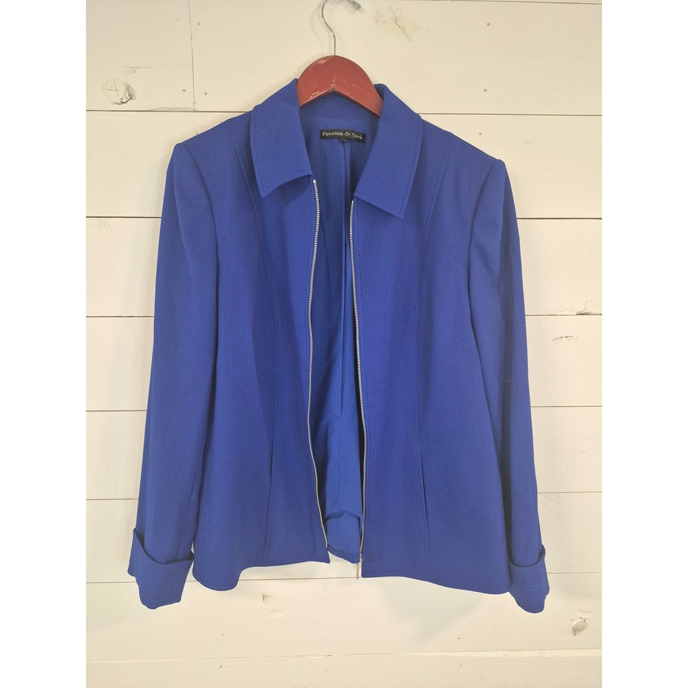Preston & York Womens Royal Blue Zip Front Textured Jacket Size 12